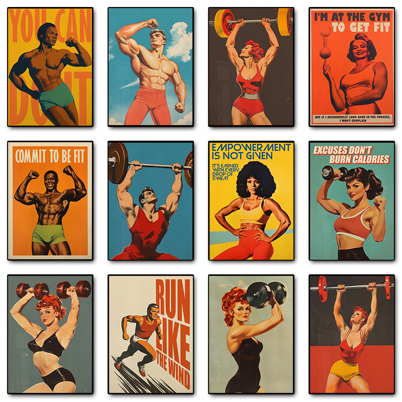 Home Gym Dumbbell Workout - Retro Gym Bodybuilder Muscular Woman With